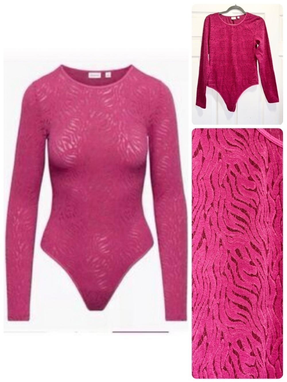 Aritzia Babaton Shapelace Crew Longsleeve Bodysuit Fuchia Bright Pink Size Large